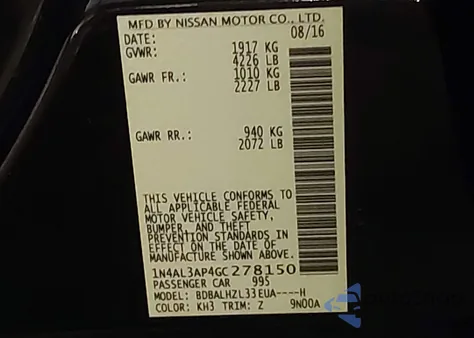 2016 Nissan Altima 2.5 Sr z USA, uszkodzony, nr VIN 1N4AL3AP4GC278150